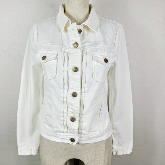 J. CREW Denim Jean Jacket XS White Distressed Button-Front Pockets 100% Cotton